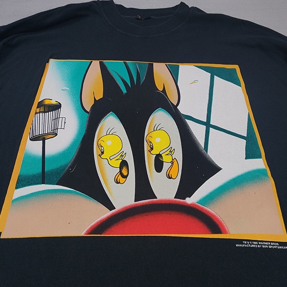 Vintage 1995 Looney Tunes Shirt Mens XL Black Sylvester Tweety Warner Bros - Picture 6 of 14